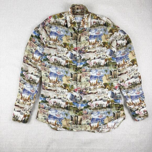 STENSTROMS Linen Men's Surf Shack Surf Scene Print Fitted Long Sleeve Shirt - Picture 1 of 16